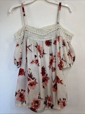 Floral Crochet Cold-Shoulder Women's Top Plus Size Cream/Rust Romantic Feminine